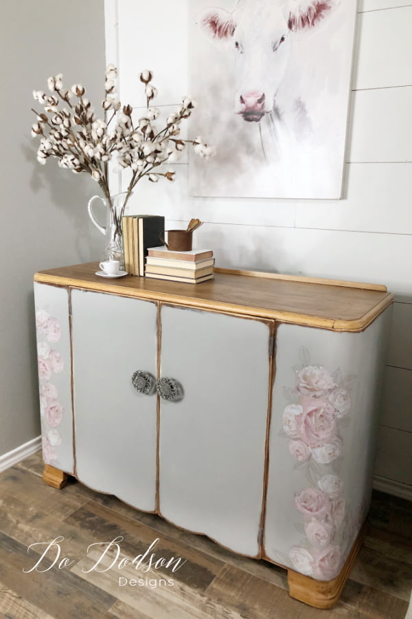 Get this chic farmhouse look with furniture transfers and chalk mineral paint on your next furniture makeover.