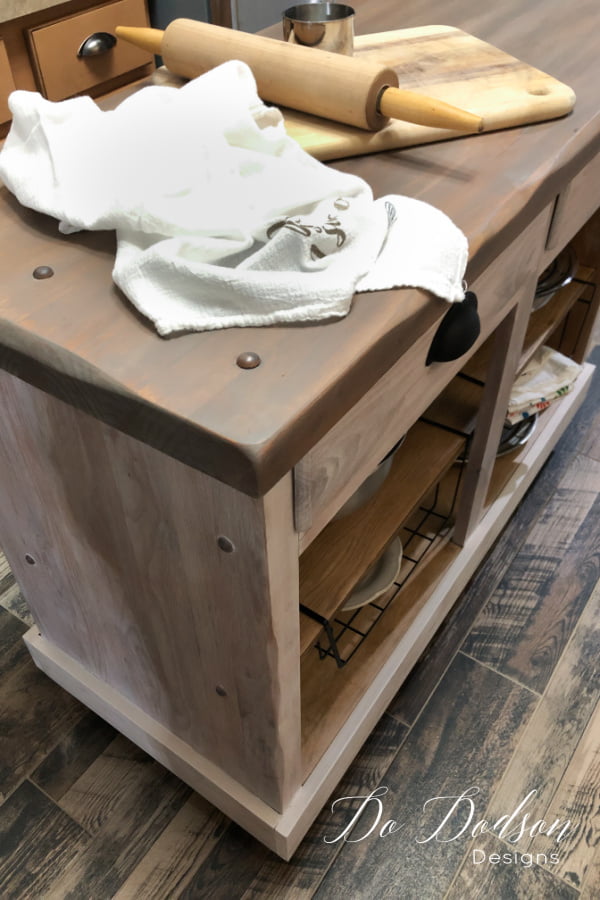 I roll it it in and I roll it out! I love my DIY rolling kitchen island.