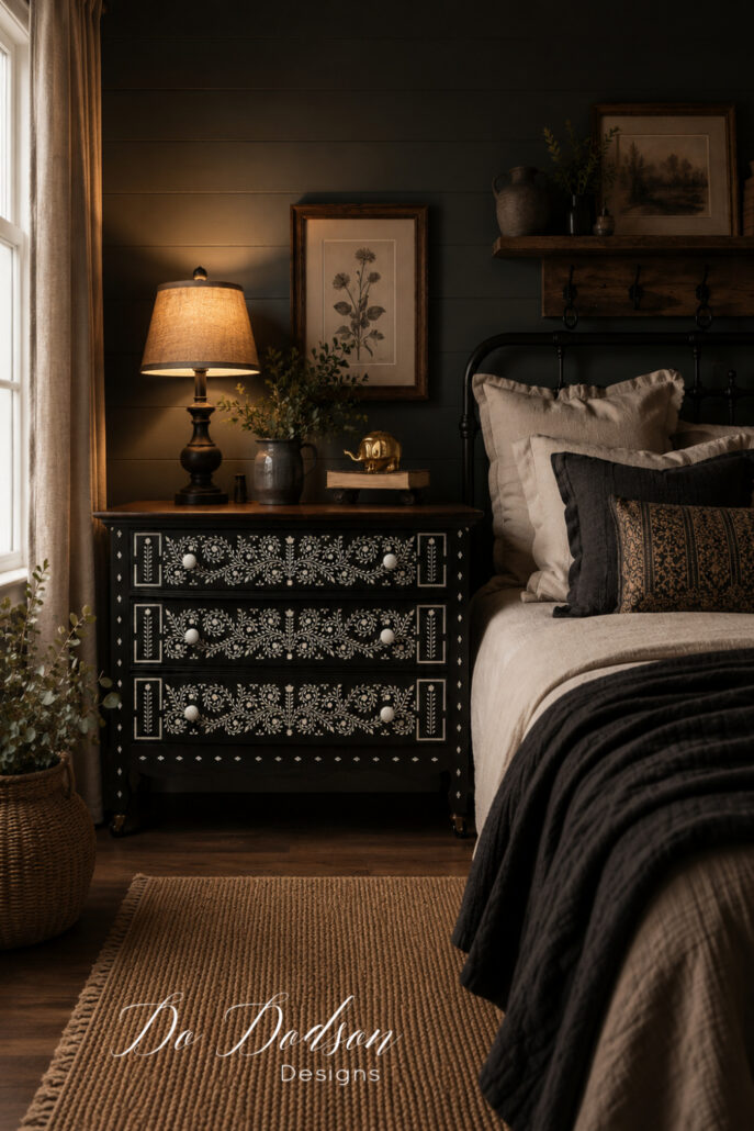 Black DIY bone inlay dresser with white stencil detailing styled in a moody farmhouse bedroom beside a cozy bed with layered neutral bedding, warm lamp lighting, dark shiplap walls, and rustic decor accents.