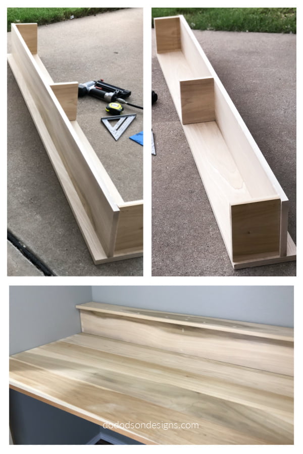 We built a removable shelf to cover the ugly utilities over my new folding station. This laundry room makeover is coming along nicely.
