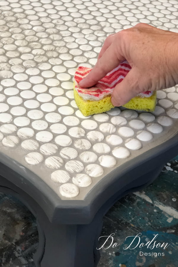 I love the look of these penny tiles and this will be a beautiful tiled table top when I'm done.