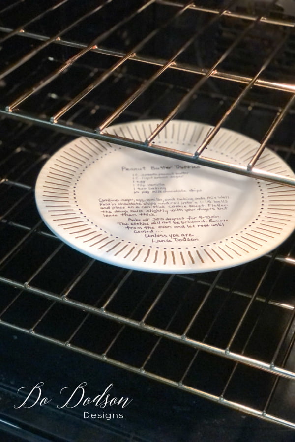 Bake in a 350 degree oven for 1 hour to set the permanent marker on the plate. Allow to cool completely in the oven before removing.