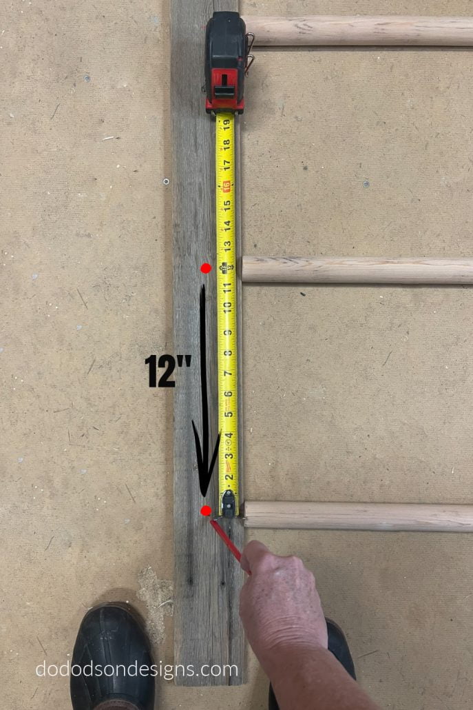Find the centers of your rails where the rungs are to be attached. The typical rungs have a 12"spacing so that's what I did. Mark the centers so that they are visible with a marker or pencil on your blanket ladder.