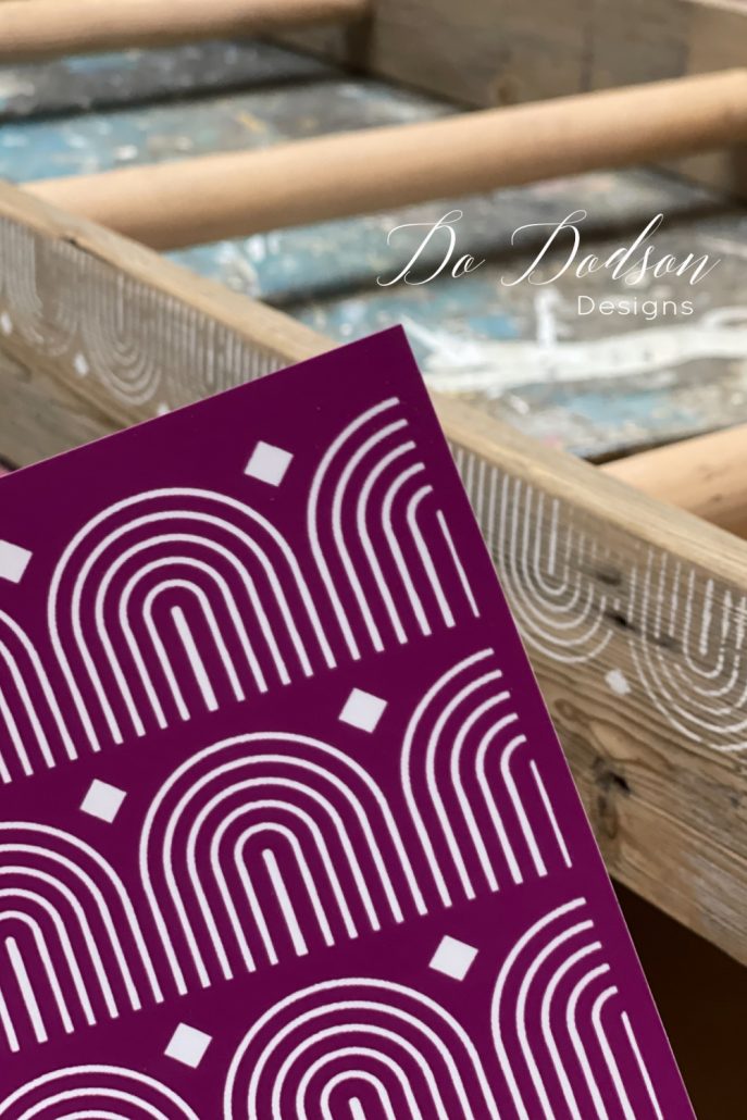 The silkscreen stencils come in sheets with many patterns to choose from. Because the area I wanted to stencil was narrow, I opted to cut the design in strips. The stencils have a sticky backing that is re-usable up to 10 times depending on the surface you're working on. I like this one.