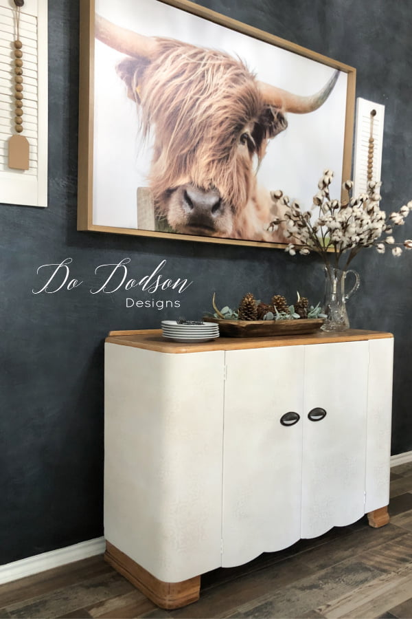 Chalk Painted buffet table using a combination of neutral colors including Butter Cream, Cotton and Sand Bar by Dixie Belle Paint Co.