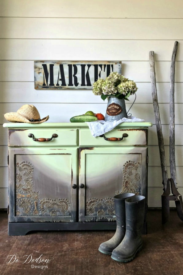 Love me some farmhouse! This cabinet was refurbished using a chalk paint combination of farmhouse green, chocolate brown and black caviar by Dixie Belle Paint Co.
