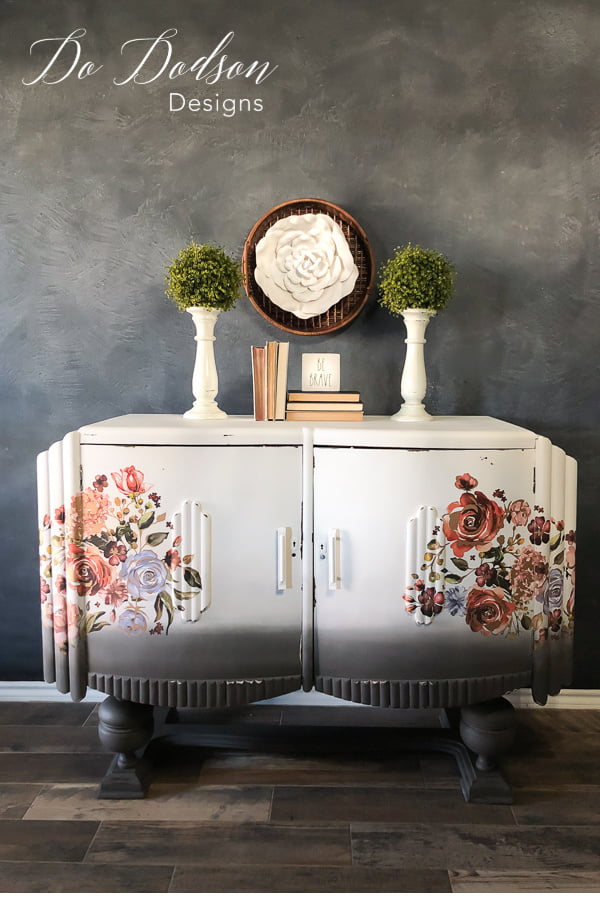 I refurbished this retro buffet table makeover using chalk paint and decor transfers. I love the pop of colors on the neutral background.