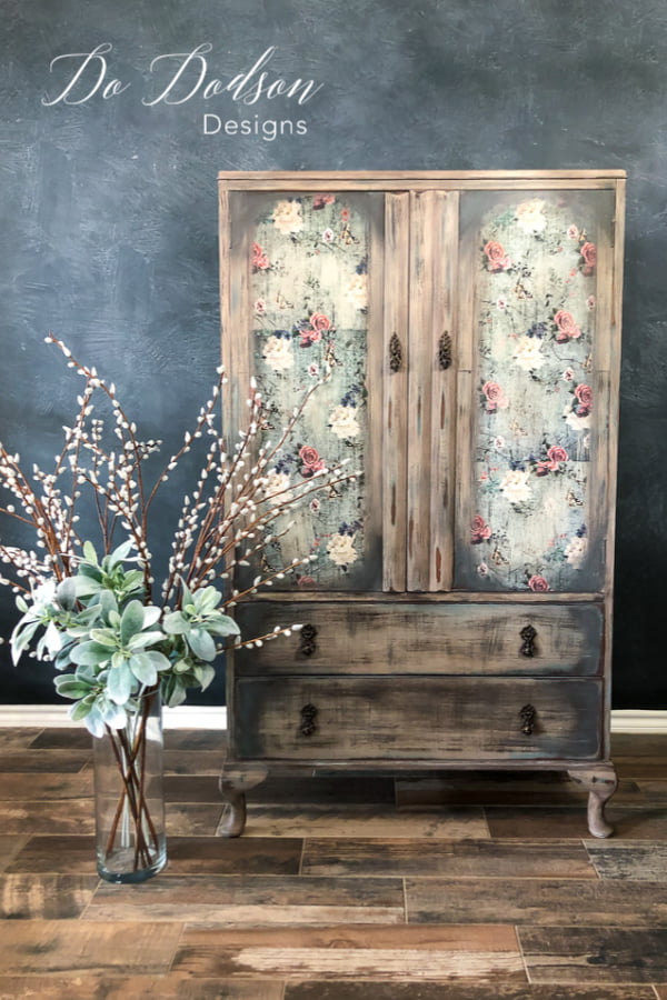 One of my favorite furniture transformations is this vintage armoire chest. I used a combination of chalk paint colors and a floral transfer to achieve this farmhouse look.