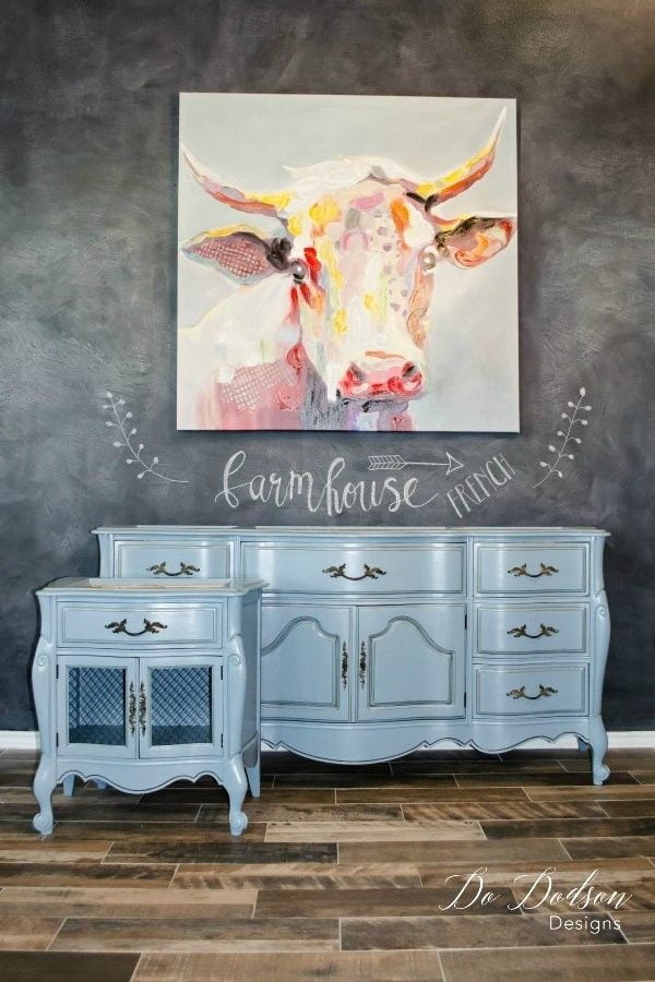 This french farmhouse inspired dresser and end table makeover was refurbished with Dixie Belle chalk paint. I mixed the 2 colors of vintage duck egg and cobalt blue to get this beautiful soft color.