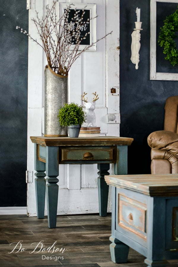 I refurbished this coffee table set for my hubby for his man cave! I used Dixie Belle chalk paint and added some rust paint to create a rusty metal appearance to the wood. What's not to love about some rusty crusty furniture???