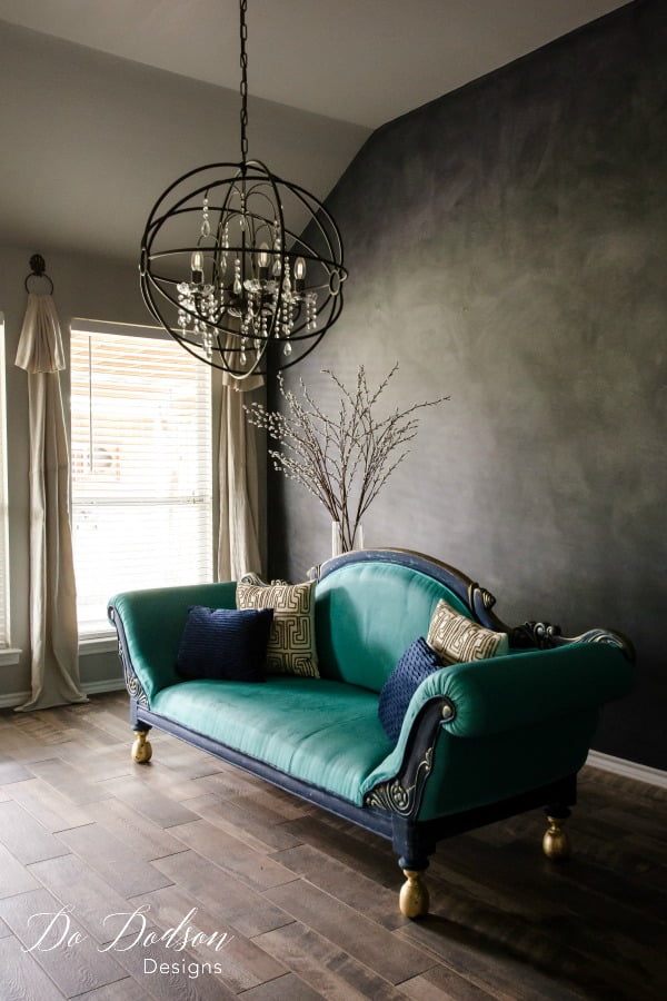 I could just faint on this painted sofa all day long! Yep, the fabric has been updated with chalk paint and sealed with wax. Super durable and just wipes clean. No, the color will not rub off on your clothes.