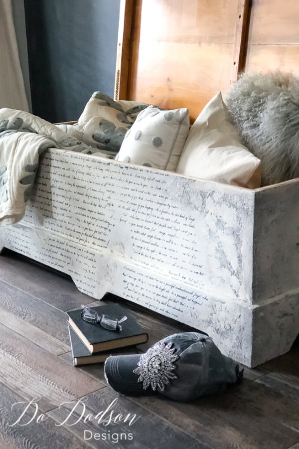 I added a textured paint that I created with Dixie Belle products to get this amazing look. The furniture transfer also added a sentimental feel to this cedar quilt chest.