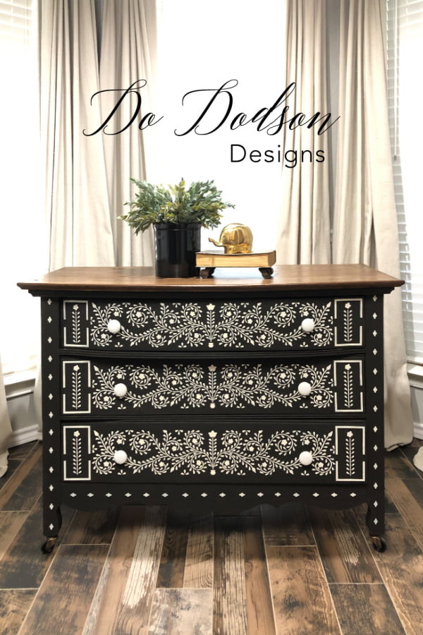 Caviar for the win! This amazing black chalk paint from Dixie Belle is the perfect background for stenciling this bone in lay pattern. Classic!