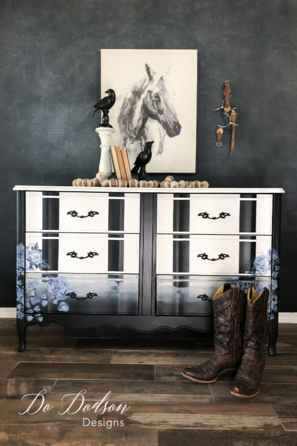 The BOLD black stripes on this dresser and the softness of the blue floral furniture transfers make this a unique and one of a kind makeover.
