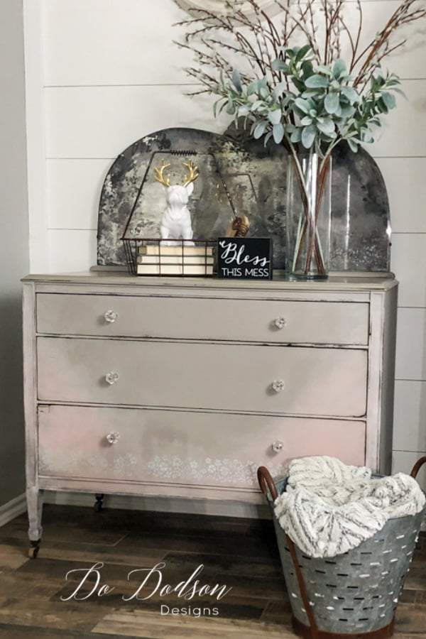 Vintage Dresser Makeover using Gray and pink chalk paint.