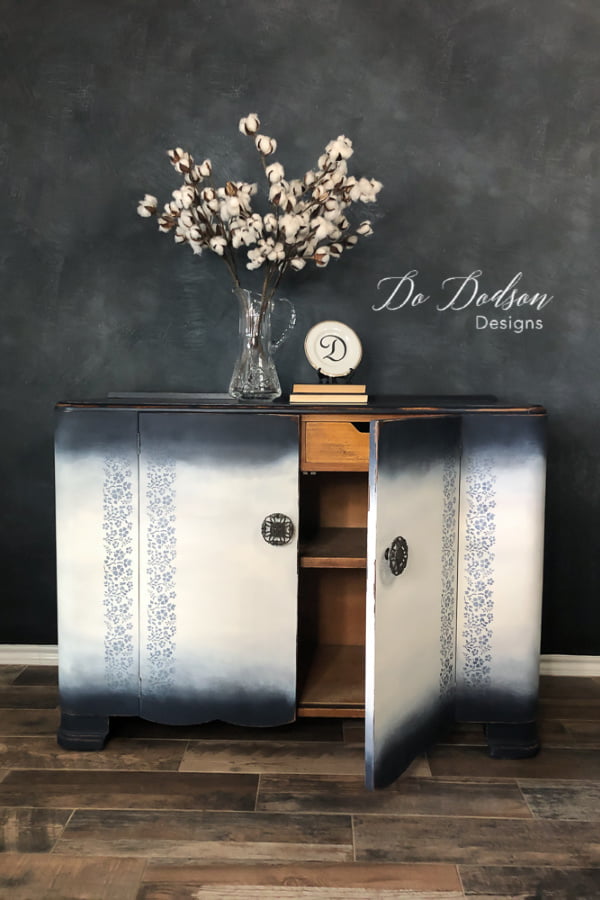 Vintage buffet table refurbished with chalk paint and stencils.