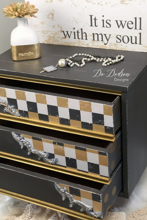 Whimsical black and gold attitude was easy to create on this MCM side table. I used chalk paint and wrapping paper. Yep! It's so stinking cute now.