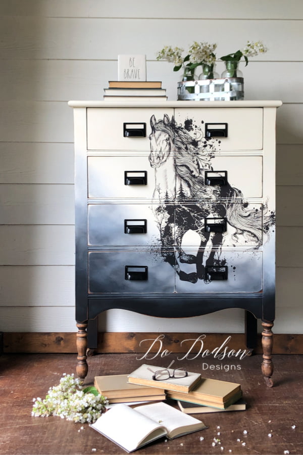 Chalk painted dresser with Dixie Belle Paint and embellished with a furniture transfer by Hokus Pokus.