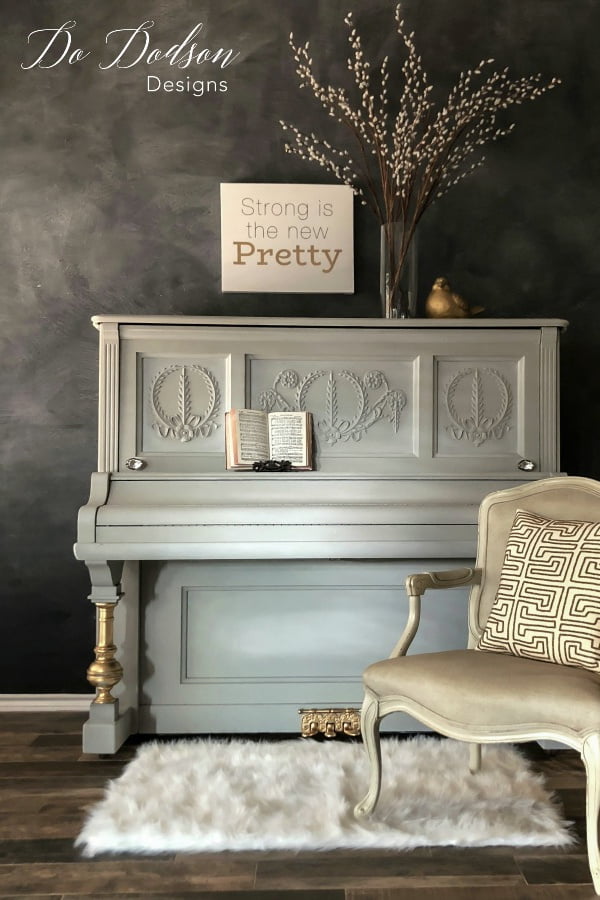 Driftwood is an amazing shade of gray chalk paint by Dixie Belle Paint Co. I painted this piano in one day using their chalk paint.