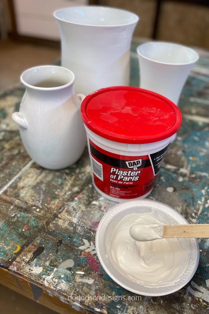 Mix together water and Plaster of Paris for the texture on your DIY Pottery Barn inspired vases.