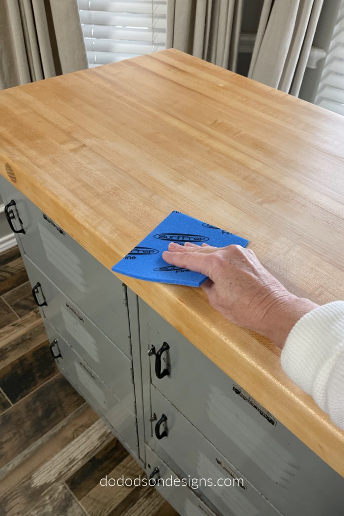 I lightly sanded the butcher block before adding Hemp Oil to restore the wood.