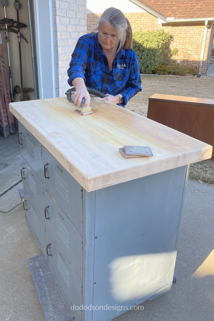 I found these vintage lockers with a butcher block top added that needed to be restored. The first thing I did was to sand away the varnish that had been applied.
