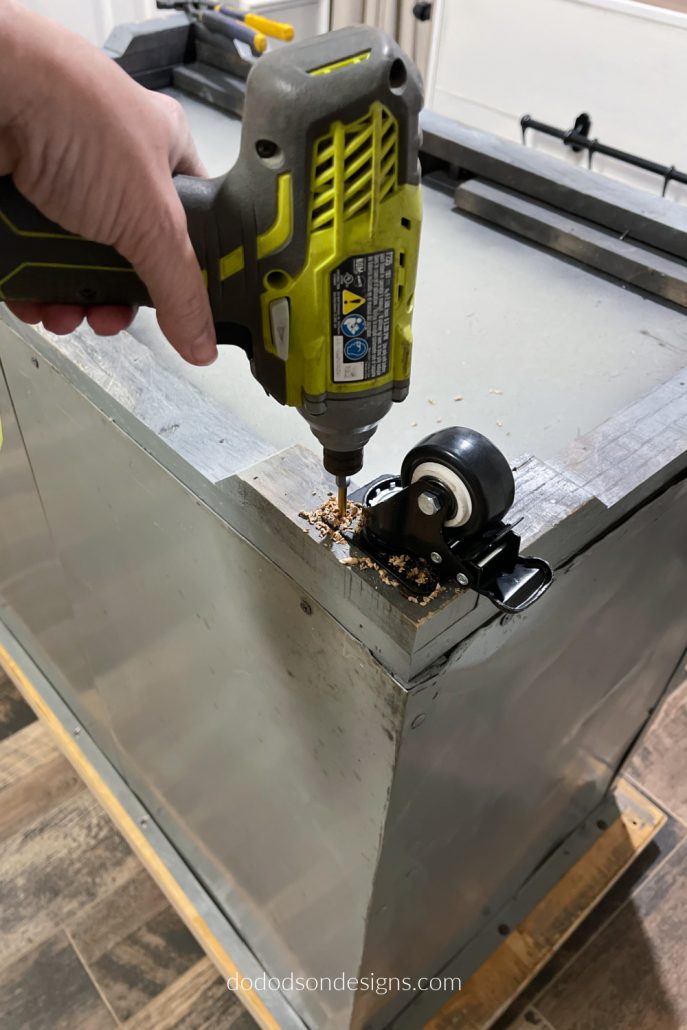 How to add furniture wheels to a kitchen Island made out of vintage lockers.