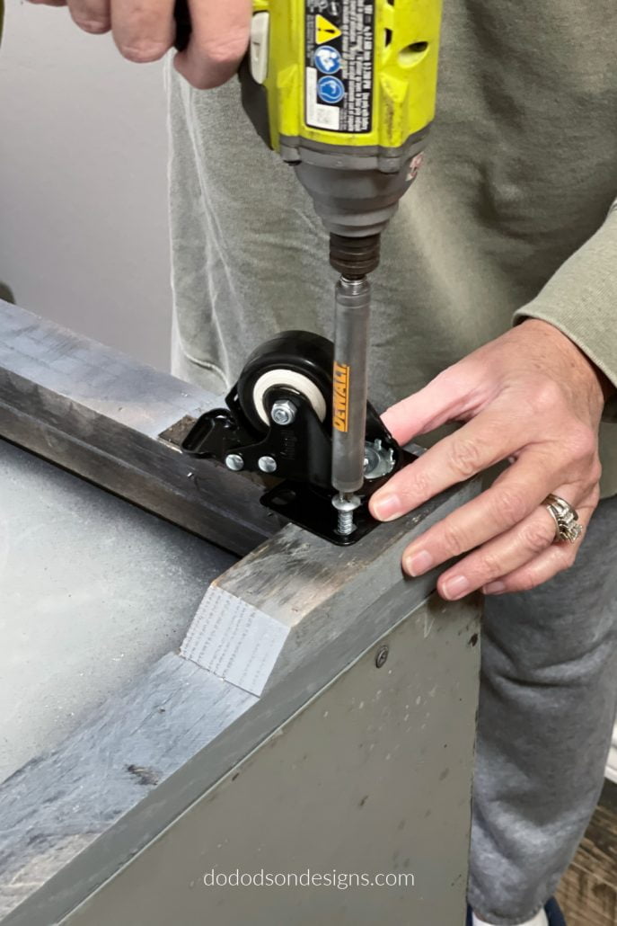 How to add furniture wheels to a kitchen Island made out of vintage lockers.