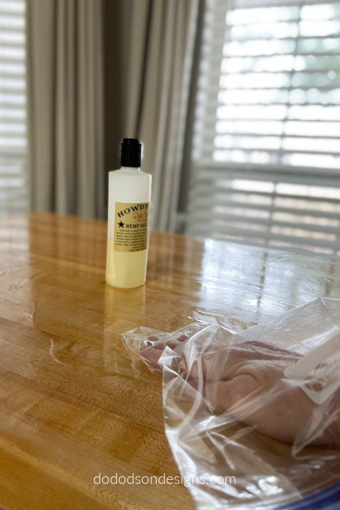 Using a plastic bag to spread the hemp oil allowed for maximum absorption of the hemp oil on the butcher block counter top.