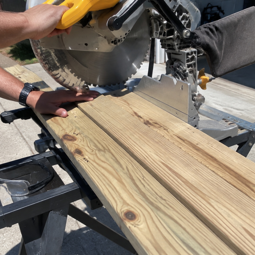 Person cutting pressure-treated wood boards with a miter saw for DIY exterior shutters.