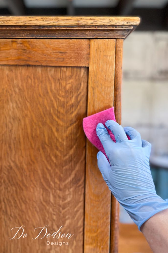 Carefully apply the bleach to the wood with a sponge, and be careful not to puddle the bleach as this can cause uneven bleaching. You'll want to apply an even amount. The bleach will soak into the wood pretty quickly, so you'll want to work quickly. Allow the bleach to dry overnight and observe the level of lightness obtained the next day.