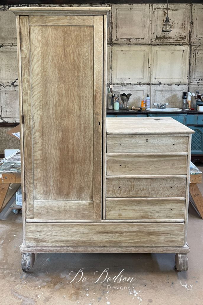 Bleaching the wood on this antique chifforobe allowed the tiger oak grain to really show it itself off. Easy DIY!