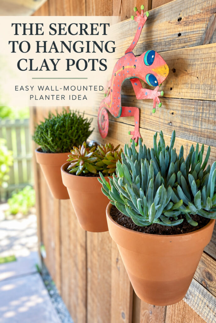 Clay Pots Hanging On A Wall With Metal Clips
