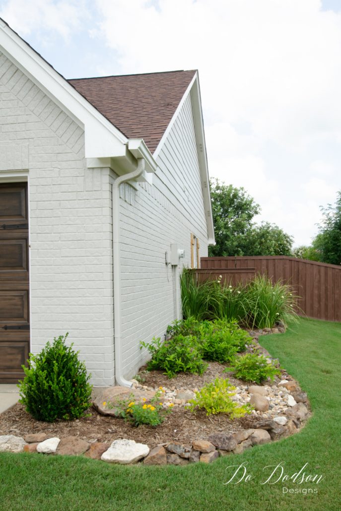 We used the colors Mindful Gray and Snowbound by Sherwin Williams to paint our exterior brick home. We could be happier.