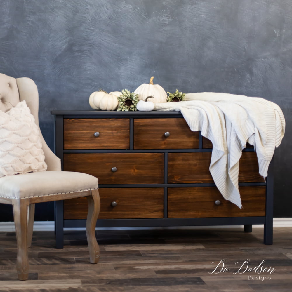 Learn how to refurbish an old dresser into this painted black beauty with wood stained drawers. DIY projects have never been easier with the right products. I can show you how!
