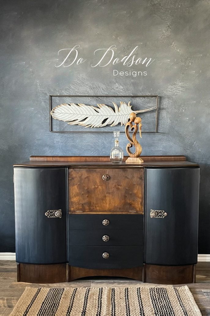 MCM Art Deco beauty! I knew from the minute I saw this piece the black paint and stain combo would be the theme. Learn how to DIY this look on your furniture on my blog.