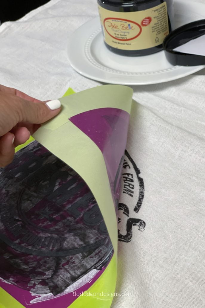 Immediately remove the stencil from the flour sack towel, careful not to drag it across your beautiful white towel. Yeah, I messed the first one up. It's going to happen. Better me than you! Learn how it turned out on the blog.