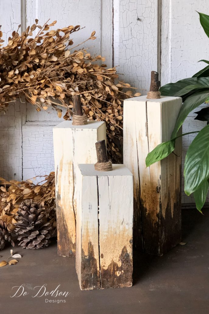 Add these DIY wood pumpkins made from 4X4 posts to your front porch. Easy to follow tutorial on the blog.