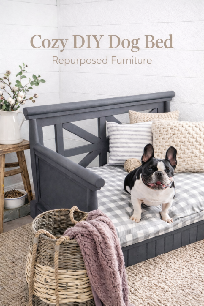French bulldog sitting on a gray repurposed furniture DIY dog bed styled like a miniature daybed with gingham cushion and neutral pillows, in a cozy farmhouse corner with shiplap walls, woven basket, and soft decor.