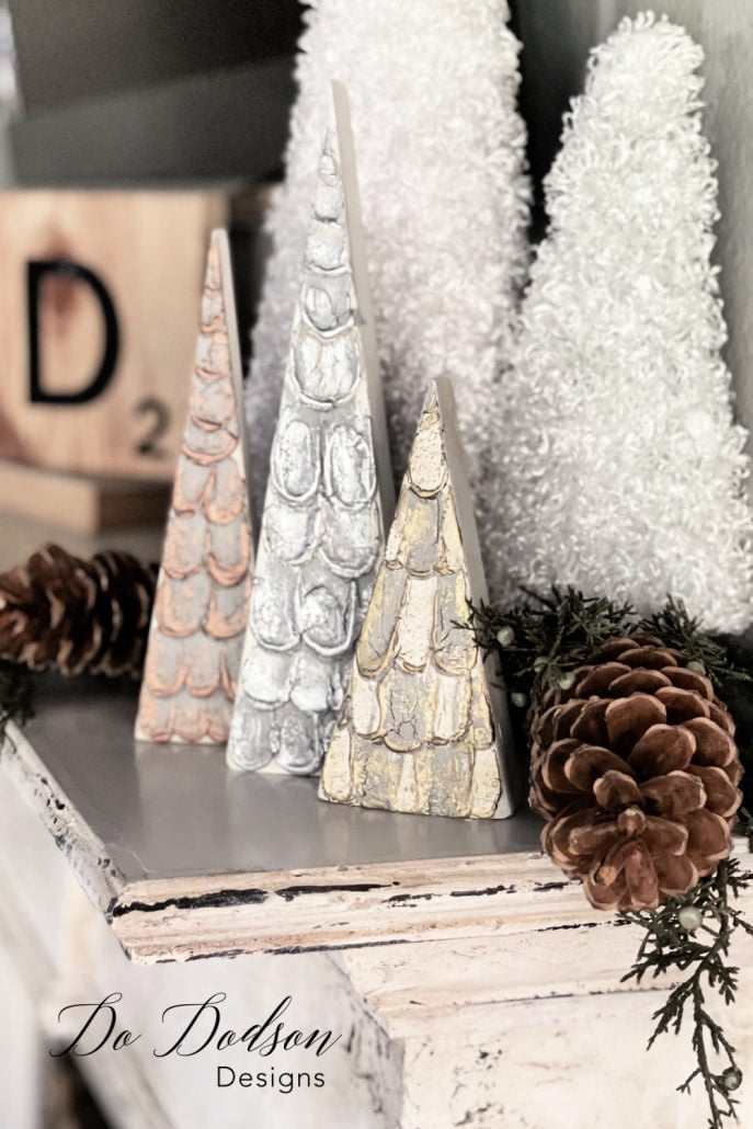 These fancy little wood block Christmas trees were so fun to make and easier than they look.