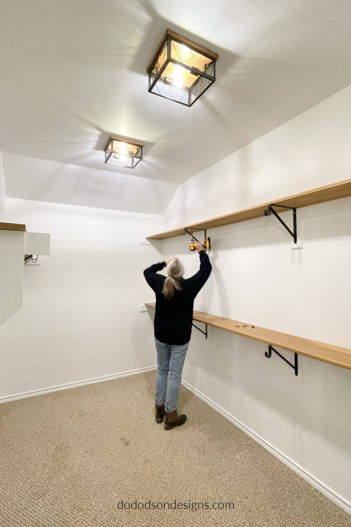 The new brackets that supported the wood shelving was easy to install in our DIY closet update project. The new lighting was a welcome addition and gave it that farmhouse vibe we wanted to achieve.