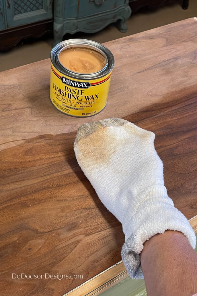 I used paste wax to seal the DIY chalk paint, but it also works beautifully over a wood finish. 