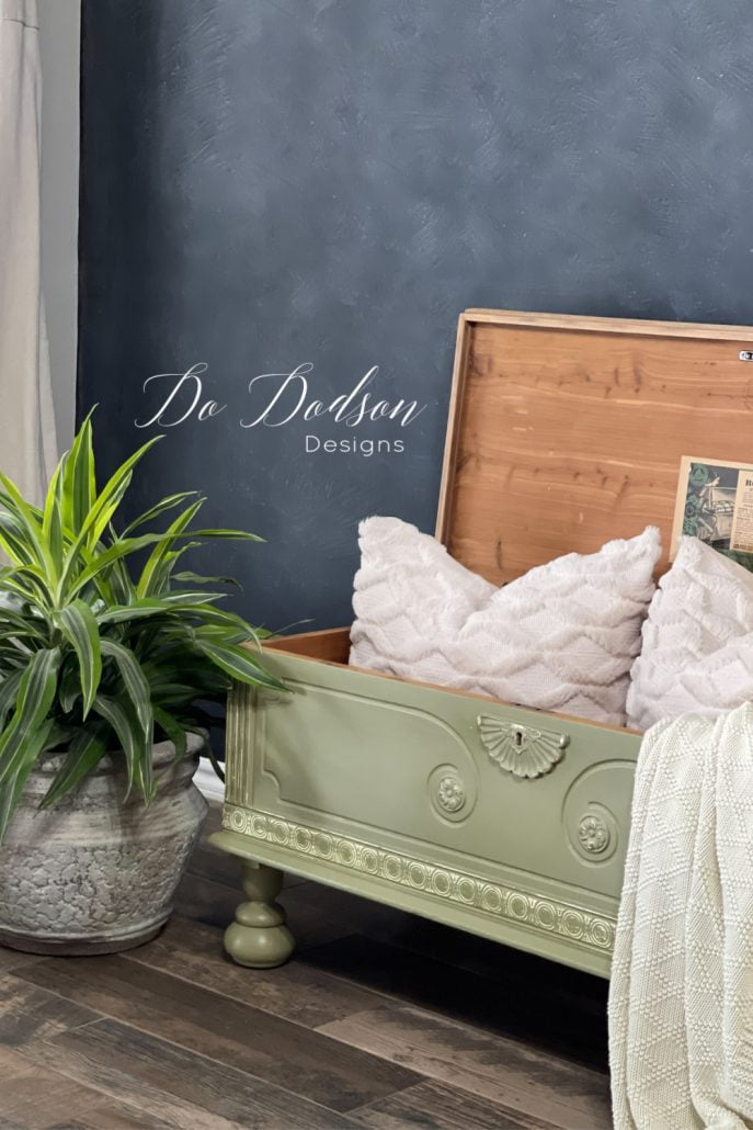Antique Roos Cedar Chest painted with DIY chalk paint in a beautiful calming green.