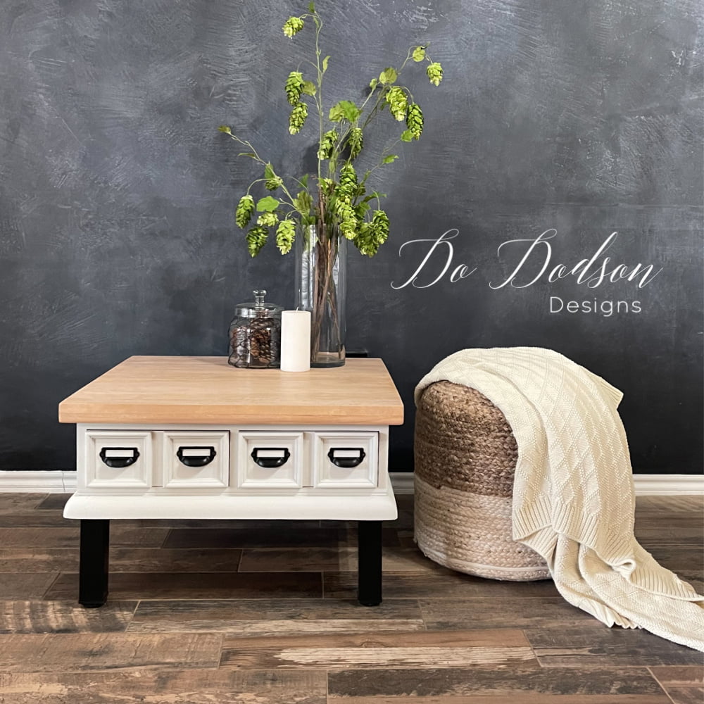 I learned a lot with this coffee table makeover. The old legs were cut away and the new modern legs were installed. Fresh paint and industrial hardware was installed. You got to see the before to appreciate the transformation.