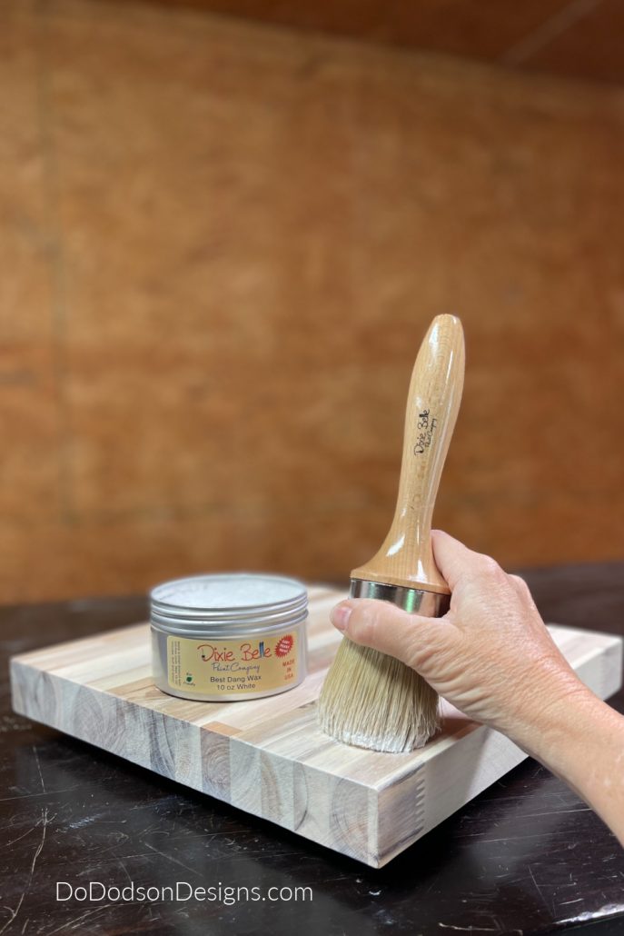 I used white wax from Dixie Belle Paint Co to seal the wood on my DIY lazy susan turntable.