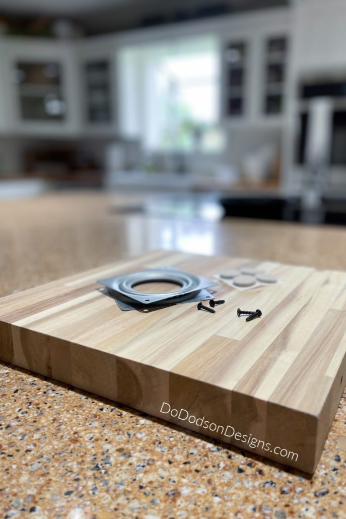 Layout all your supplies on a clean surface. I like to work on my kitchen island. It's HUGE! And it will be the home of my DIY lazy susan turntable.