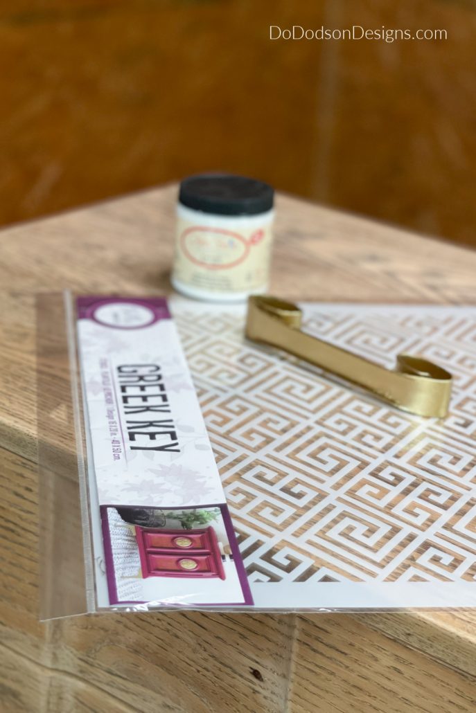Before choosing just any ole stencil to apply to your wood furniture, think about the style of the furniture. You'll want to choose a pattern or style that will complement your furniture style. This Greek Key Stencil by Dixie Belle Paint Co. was my choice. This will be the perfect GREEK & GOLD combo!