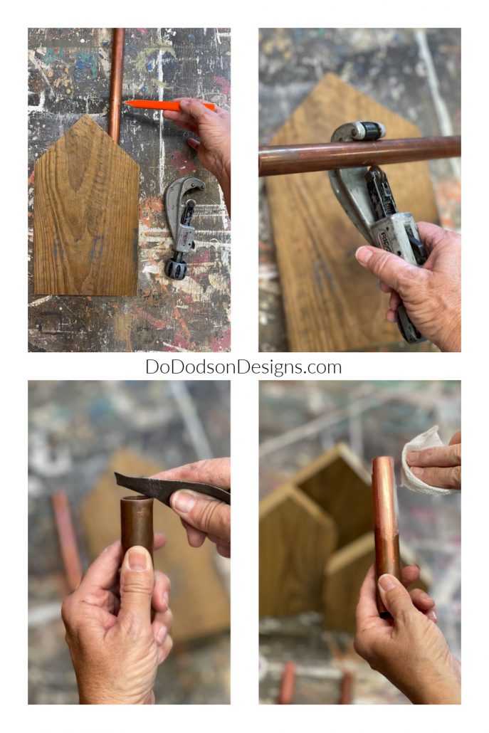 This is how I cut and clean copper pipe to use for a chimney on my DIY scrap wood block houses. 