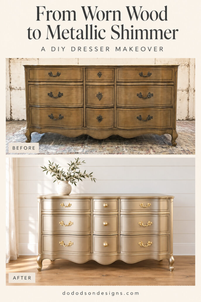 Before-and-after French provincial dresser makeover, showing a worn wood finish transformed with Warm Silver metallic paint and gold hardware.