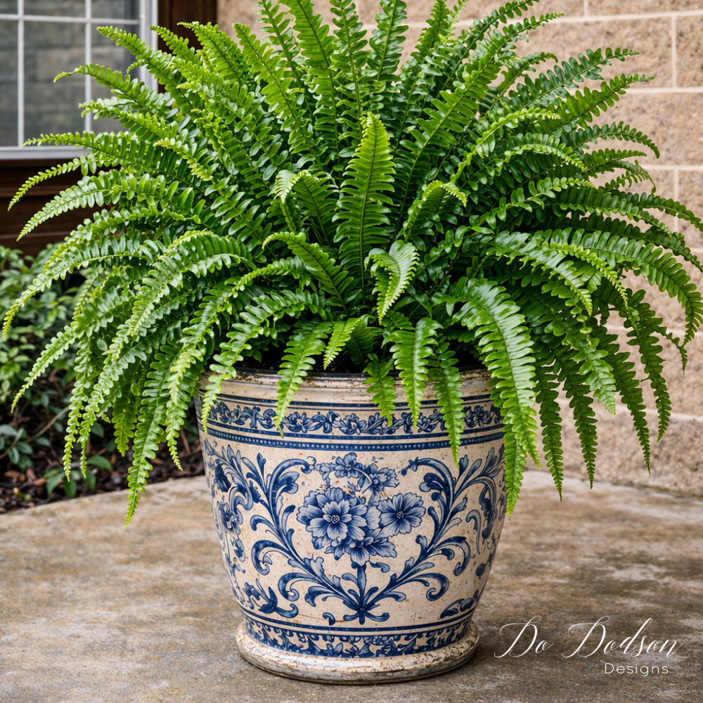 Full, vibrant Kimberly Queen fern in a vintage blue and white ceramic pot on a farmhouse porch, showing lush green foliage after using an Epsom salt plant care recipe.